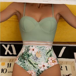 Tropical & Pineapple Print Green Peach One Piece Swimsuit
